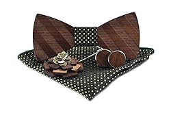 Men's Green Black Wooden Bow Ties Pocket Square Set