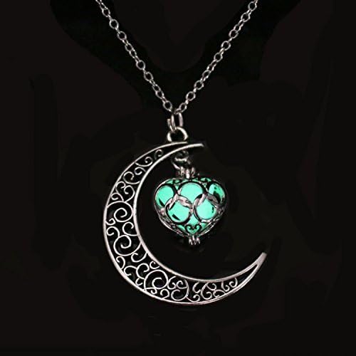 Sailor Moon Green Glow in Dark Neckalces, Silver Crescent Moon Necklaces, Sailor Scout Caged Essence Steampunk Cosplay Costume Pendant Necklace, Halloween Jewelry, Halloween Gifts