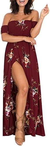 Kangwoo Women's Boho Style Split Hem Maxi Floral Off Shoulder Chiffon Dress Burgundy S-5XL