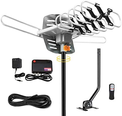 HDTV Antenna Amplified Digital Outdoor Antenna with Mounting Pole-150 Miles Range-360 Degree Rotation Wireless Remote-Snap-On Installation Support 2 TVs.UHF/VHF 4K 1080P Channels Reception, 33ft Coax