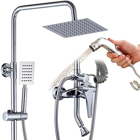 HCCPD Bathroom Shower System with Spray Gun, Rain Shower Mixer Set with Square Showerhead, Handheld Shower and Tub Spout Faucet, Multi-function Four-speed Including Shelf