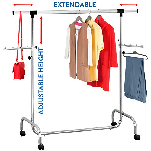 Tatkraft Falcon Heavy Duty Clothes Rack for Hanging Clothes | Commercial Grade Rack for Clothes | Rolling Clothes Rack | Adjustable Length 3,5-5,7 Ft and Height 4,5-6,1 Ft | Chromed Steel