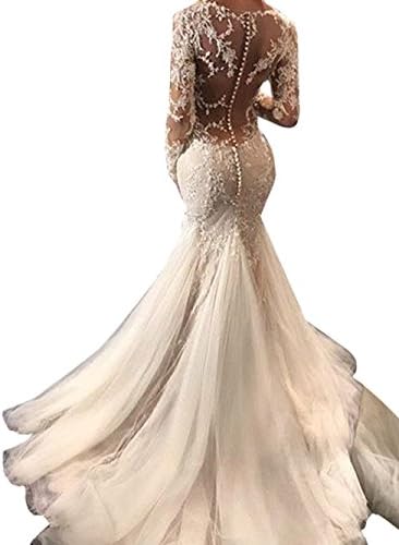 Mella White 2016 Mermaid Wedding Dresses Long Sleeves Lace Hand-Beaded Sheer Back Sexy Bridal Gowns US10