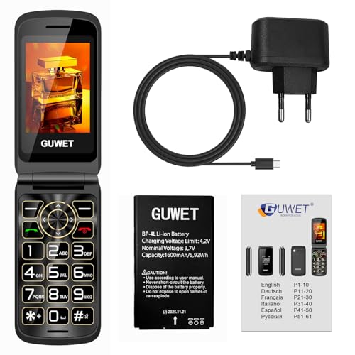 Guwet 2G Mobile Phone for Elderly with Big Buttons, Flip Phone, SOS Function, 1600mAh Battery, 2.4"+1.77" Dual Display, Dual SIM with Dual Standby, Black