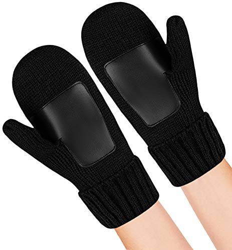 Winter Mittens for Women - Cold Weather Black Chunky Knit Thermal Gloves - Thick Snow Mitts with Warm Fleece Lining - Thumbnail 3