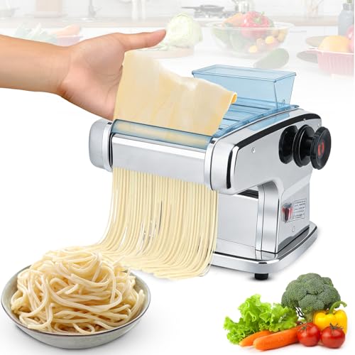 DOMINFLY Electric Pasta Maker, Automatic Noodle Machine Fresh Pasta Dough Roller Stainless Steel, 9 Thickness Settings, Perfect for Spaghetti,Fettuccini,Lasagna (Four knives)