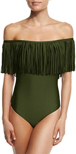 Women's Clubwear Bodysuit Tassel Off Shoulder Bikini Beach Leotard L Army Green