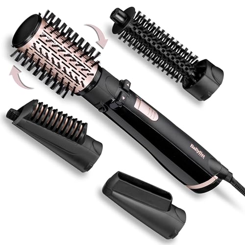 Dry, Straighten and Style - Rotierende Warmluftbürste, 1000W Ionen Rundbürstenföhn mit 4 Aufsätzen zum Föhnen, Glätten, Volumen kreieren, Schwarz, AS200E