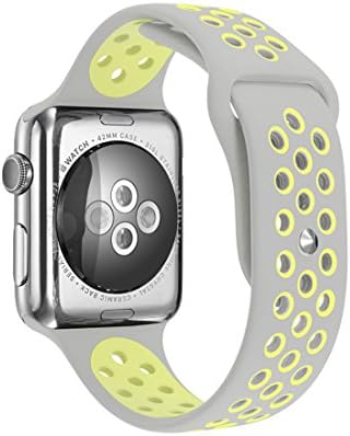 Tounique Watch Band for Apple Watch Strap Wristbands Double Color Perforated Replacement Band for 38/42mm Apple Watch Series 3/2/1/Sport Edition 9colors (Grey+yellow, 42MM)