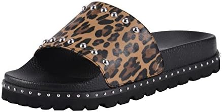 Women's Flat Slide Sandal Comfortable Footbed Silver Studs Embellished-Leopard Printed 015-38