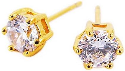 " Diamond Solitaire Design " SILVER EARRING with 24K GOLD PLATING - 925 Silver Sterling - CZ Diamond 0.5 Carat Gemstone Free Jewelry Box