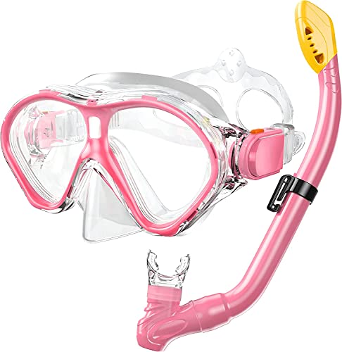 Gintenco Kids Snorkel Set, Diving Mask Dry Top Snorkel Set Kids, Anti-Fog Panoramic Snorkel Mask Impact Resistant Tempered Glass, Snorkelling Gear with Breathing Tube for Youth Junior Girls Boys