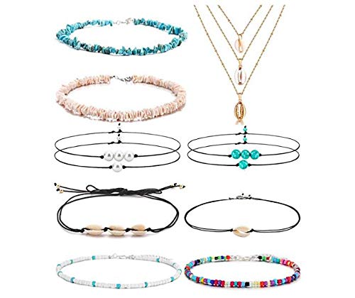 Olisaglan Puka Chip Shell Necklace Choker for Women Men - Tropical Hawaiian Beach Puka Chips Shell Surfer Choker Necklace Jewelry Adjustable (White)