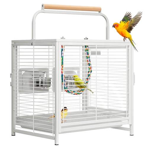 VIVOHOME 48cm Portable Wrought Iron Bird Cage with 2 Feeders, Colorful Rope Perch and Removable Tray, for Parrots, Conures, Parrots, Cockatiels, Budgies, White