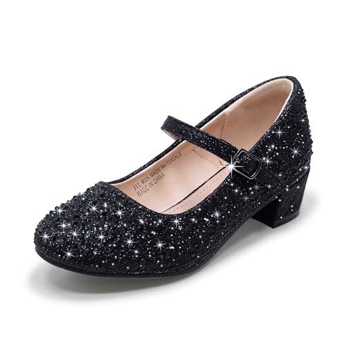 WIKENCY Girls Dress Shoes Mary Jane Low Heel Princess Flower Wedding Flats Glitter Shoes for Toddler/Little Kid/Big Kids
