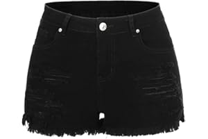 THUNDER STAR Women Mid Rise Ripped Stretchy Jeans Shorts Frayed Raw Hem Casual Denim Shorts
