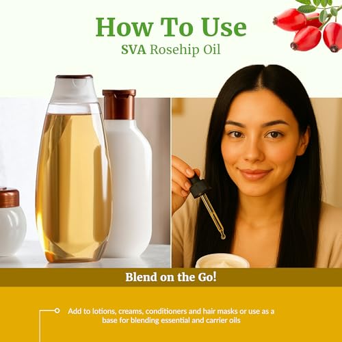 SVA Rosehip Seed Oil - 4 Fl Oz – 100% Natural & Cold Pressed - for Face, Skin Care, Hair Care, Scalp Massage & Body Massage – Carrier Oil with Dropper