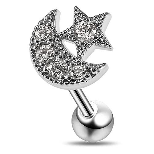 AZARIO LONDON Micro Helix Piercing Tragus Bar - CZ Stone Cartilage Earrings Moon and Star - Surgical Steel Ear Stud - Helix Tragus Piercing Jewellery