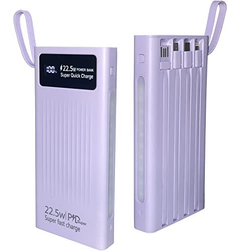 Portable Charger with Built in Cables,Mandarooker 10000mAh Power Bank with LED Lamp Fast Charging USB C External Battery Pack Phone Charger with LED Display for iPhone, Samsung and Cell Phones(Purple)