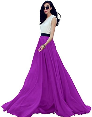 Women's Summer Chiffon Mopping Floor Length Big Hem Solid Beach Maxi Skirt (Large, Purple)