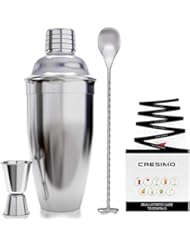 24 Ounce Cocktail Shaker Bar Set with Accessories - Martini Kit with Measuring Jigger and Mixing Spoon plus Drink Recipes Booklet - Professional Stainless Steel Bar Tools - Built-in Bartender Strainer