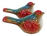 Set of 2 Ceramic Flower Embellished Multi-colored Bird Figurines.