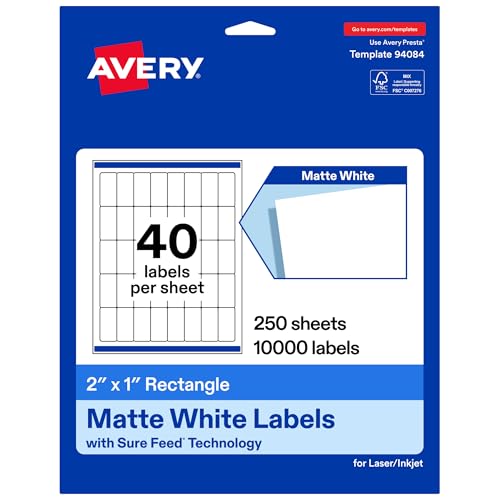 Avery Matte White Rectangle Labels, 2" x 1", Sure Feed Technology, Laser/Inkjet…