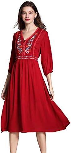 Women's Short Sleeve Mexican Embroidered Floral Pleated Midi A-line Cocktail  Dress (M, Red) price in UAE | Amazon UAE | kanbkam