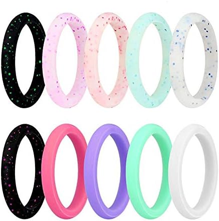 AK KYC Silicone Wedding Ring for Women Stackable Flexible Glitter Comfort Rubber Band 10 Pack Fit Size 5-8