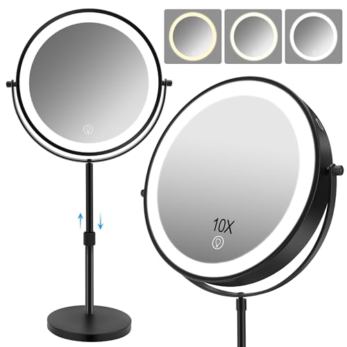 MEKOTRIN Makeup Mirror with Lights, Magnifying Mirror 10x 360° Rotation with 3 Coloured Lights Adjustable Brightness, Double-Sided Makeup Mirror for Personal Care and Makeup