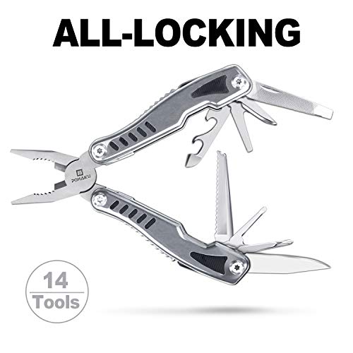 14 in 1 Multi Tool, POHAKU Portable Multifunctional Multi-tool with Safety Locking, Pocket Multitool Knife, Spring-Action Pliers and Durable Pouch for Survival, Camping, Fishing, Hiking, Car Set