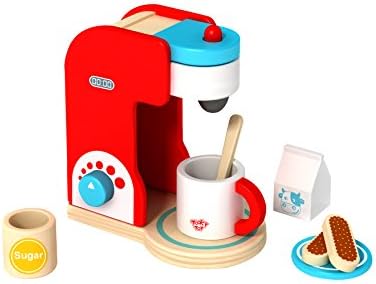 Tooky Toys Coffee Machine Children Playset, Wooden Kitchen Appliance Toy with Coffee Milk Sugar and Cookies for Toddler
