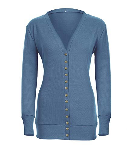 Women's V-Neck Solid Button Down KnitwearSoft Basic Long Sleeve Knit Snap Cardigan Sweater Blue L