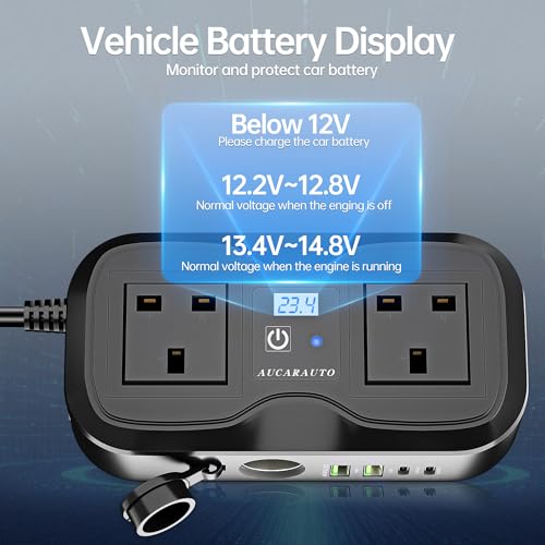 AUCARAUTO 7 in 1 Multi Car Power Inverter 200W 12V to 240V Voltage Converter with LED Voltmeter, 4-Port PD/QC3.0 USB Charge, 3-Pin Sockets and Cigarette Lighter Splitter, USB C Car Charger for Laptop