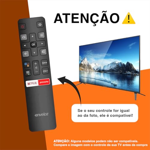 Kit 2 Controle Remoto Para Tv Tcl 4k Smart Android Teclas Netflix Globoplay GooglePlay Semp Tcl 32S6500S 40S6500FS 43S600FS 43 50 55 Polegadas Led Lcd Hd Uhd Oled e Qled Marca Enveloz