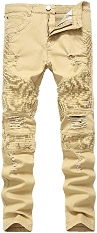 Kalanman Men's Fashion Washed Ripped Destroyed Straight Denim Jeans Slim Moto Biker Jeans (29, Khaki 901)