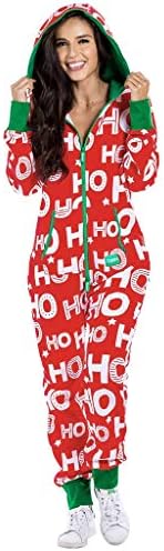 HAPPIShare Unisex Women Hooded Pajama Onesie One Piece Christmas Print Red Costume-Lovely Christmas Pajama