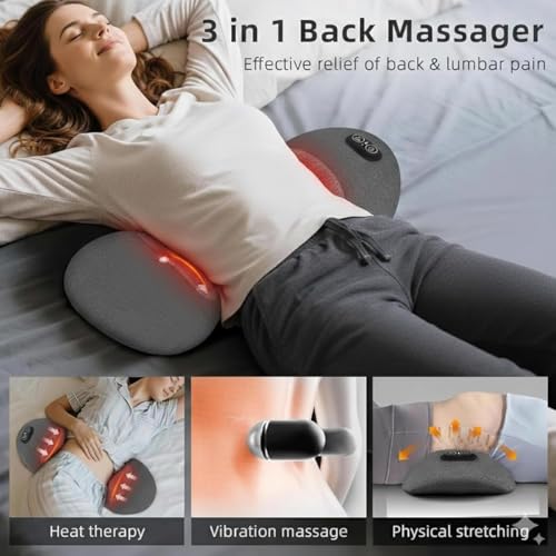 KAYAXIM Rechargeable Back Massager with Heat, 3-in-1 Lumbar & Spine Support Massage Pillow with Traction Design, Cordless Portable Lower Back Relaxation Cushion for Home Office (Grey)