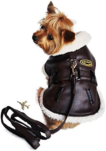 Bomber Pilot Aviator Jacket Harness for Dogs – includes Themed Charm and matching Leash - Sizes XS thru 2XL (X-Small-Chest 10”-13”, Neck 8”-10”, Dark Brown)