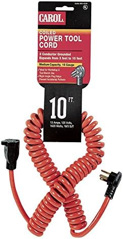 Coiled Power Tool Extension Cord, 16 AWG, 3-Conductor Grounded, 10', Orange Jacket, 125 Volts, 13 Amps, 1625 Watts, NEMA 5-15P/5-15R, Right Angle Plug, Type SJT, UL Listed, for Workshop Use