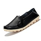 Fantiny Women's Genuine Leather Loafers Casual Moccasin Driving Shoes Indoor Flat Slip-On SlippersMMX1-Black-39