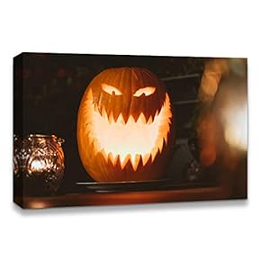 Canvas Wall Art Halloween Pumpkin Lantern Painting Artwork for Home Prints Framed - 12x18 inches