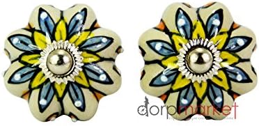 10 Pieces Dotted Blue Sapphire&Yellow Flower Designed Cceramic Cupboard Cabinet Door Knobs Drawer Pulls Chrome Hardware