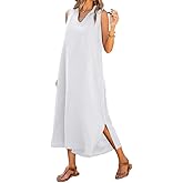 IDEALSANXUN Linen Dresses for Women Spring Summer V Neck Casual Sleeveless Vest Tank Sundress Long Shirt Dress with Slit