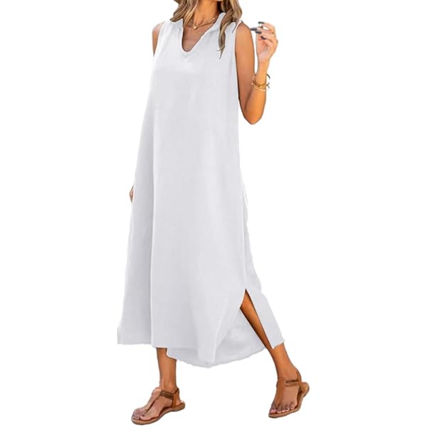 White Linen Dress Wedding ZXCTKA Women 2024 Summer Tank Dress Sleeveless U  Neck Printed/Solid Boho