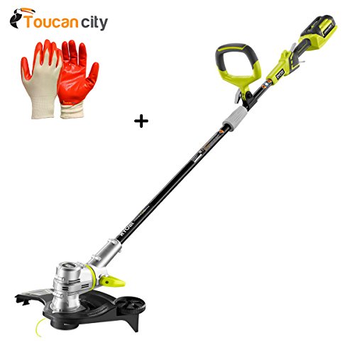 Ryobi 40-Volt Lithium-Ion Cordless String Trimmer/Edger - 2.6 Ah Battery and Charger Included RY40210B and Toucan City Nitrile Dip Gloves (5-Pack)