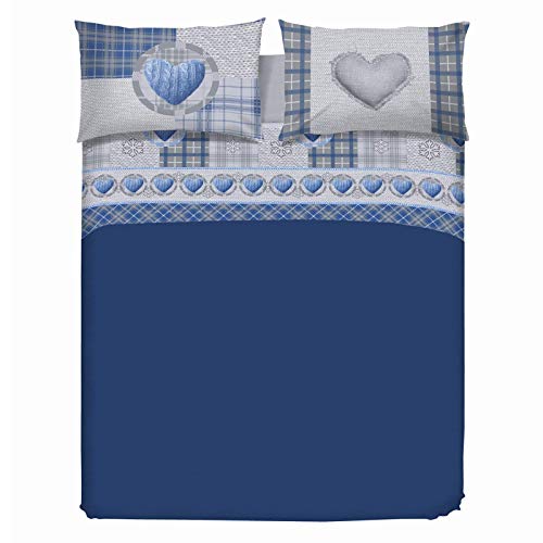 PENSIERI DELICATI Completo Letto Matrimoniale 100% Cotone, Completo Lenzuola Matrimoniali 180x200 Comprensivo di Lenzuolo sotto, sopra e 2 Federe, Made in Italy, Fantasia Love Mountain Blu