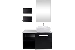 Puluomis 28 Inch Bathroom Vanity, Modern Lavatory Wall Mounted Wood Cabinet, with Mirror, Wood Black Fixture, White Ceramic Porcelain Sink Top with Single Faucet Hole