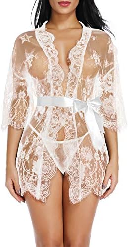 Cnokzol Women Sexy Silk Sleepwear Satin Lace Trim Nightwear Short Kimono Robe