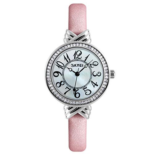 Skmei 9162 Lady Bracelet Watch for Woman Fashion Casual Leather Diamond Watch Rhinestone Quartz Clock Female Silver Waterproof Light Pink